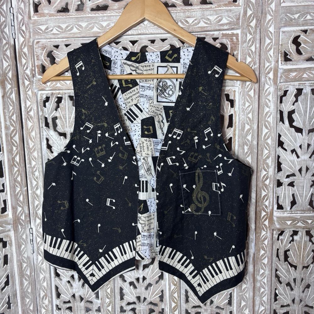 Vintage Reversible 80’s 90’s Mom Handmade Piano Music Note Vest Size S Unisex